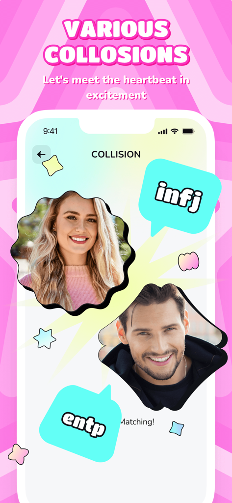 Bechill - Chat Live, Have Fun - Bechill app screen showing personality matching based on MBTI types like INFJ and ENTP