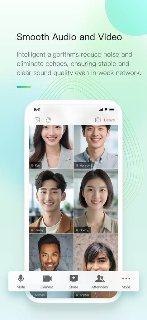 6명의 참가자와 함께하는 고화질 화상 통화를 보여주는 G-Net MeetNow 앱 인터페이스