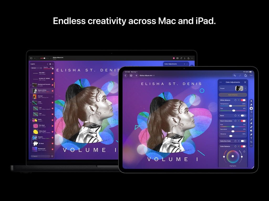 Pixelmator Pro running on both a MacBook and an iPad showing a synchronized design project.