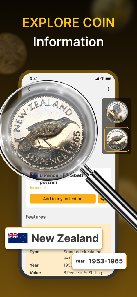 Coin Identifier App zeigt detaillierte Historie und Wert für eine 6 Pence Münze aus Neuseeland von 1965