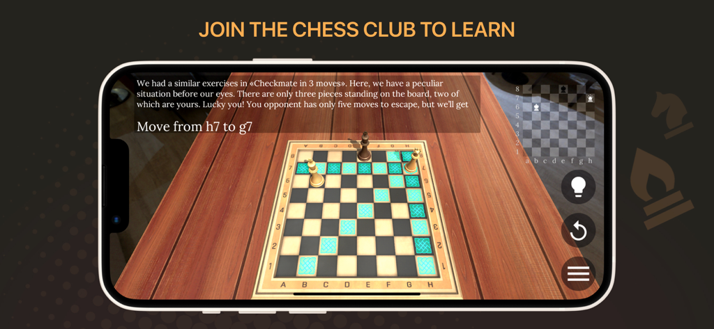 Pantalla de smartphone mostrando una lección de ajedrez en realidad aumentada sobre un tablero 3D