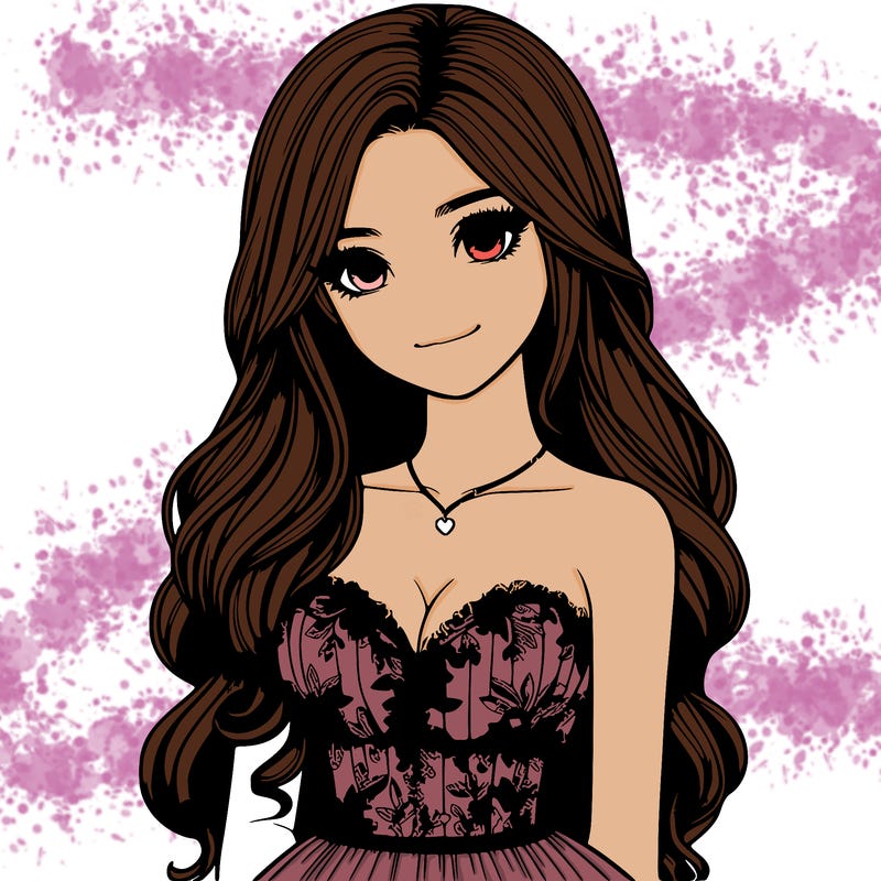realistic girl with long hair and pretty prom dress
