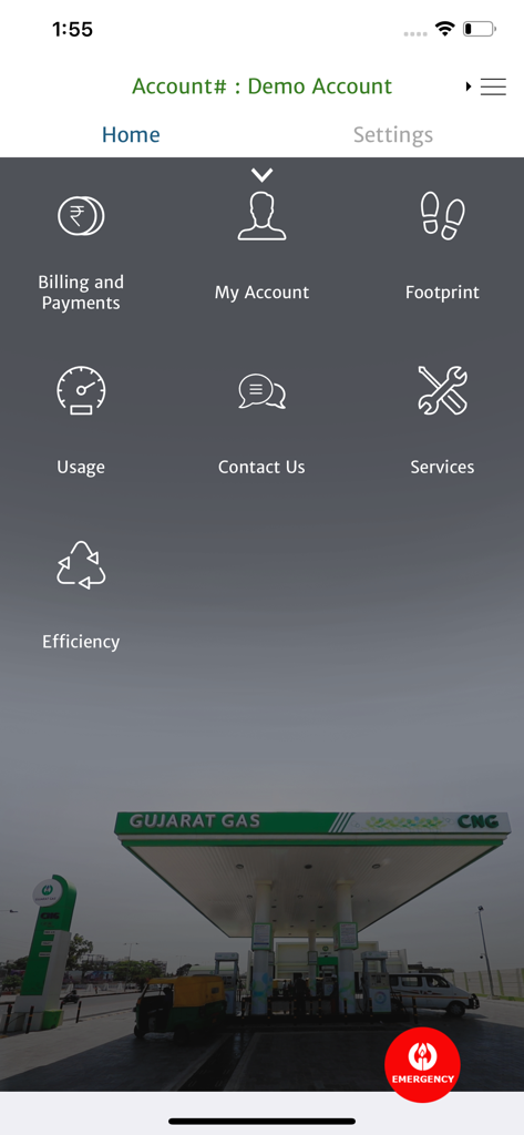 Gujarat Gas mobile app dashboard featuring billing, usage, and account service icons with an emergency button