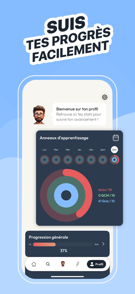 Plume - Fiches de revision - Panel de perfil de estudiante en la aplicación Plume que muestra anillos de actividad para rastrear el tiempo de estudio y la finalización de cuestionarios