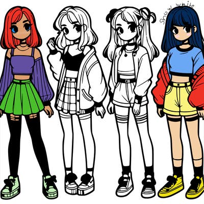 one girl with crop-top shirt and a jacket with a skirt, long socks and another girl with a shirt and pants with a jacket