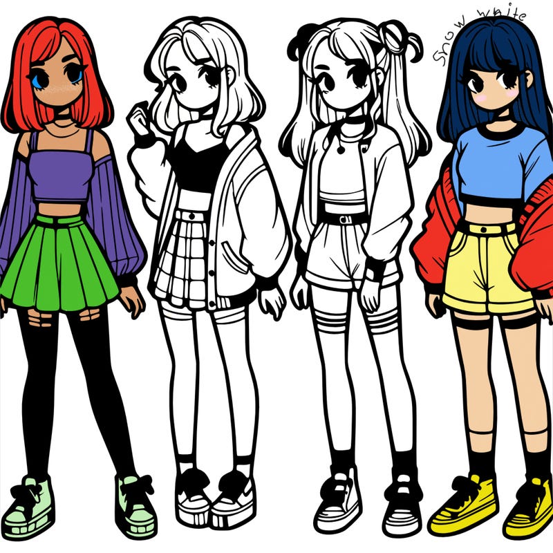 one girl with crop-top shirt and a jacket with a skirt, long socks and another girl with a shirt and pants with a jacket