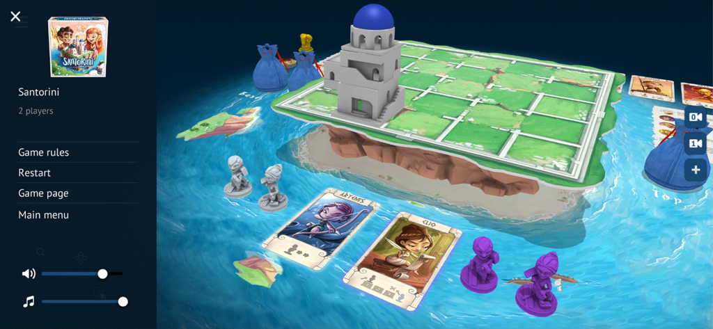A 3D digital simulation of the Santorini board game on Tabletopia showing game pieces and cards on a virtual table.