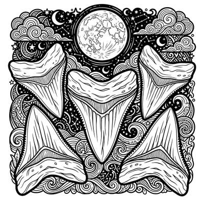 Unleash your creativity with this striking coloring page featuring magnificent Megalodon teeth against a mesmerizing night sky. Discover the ancient power of these colossal predators in a unique nocturnal setting, perfect for an engaging coloring experience.