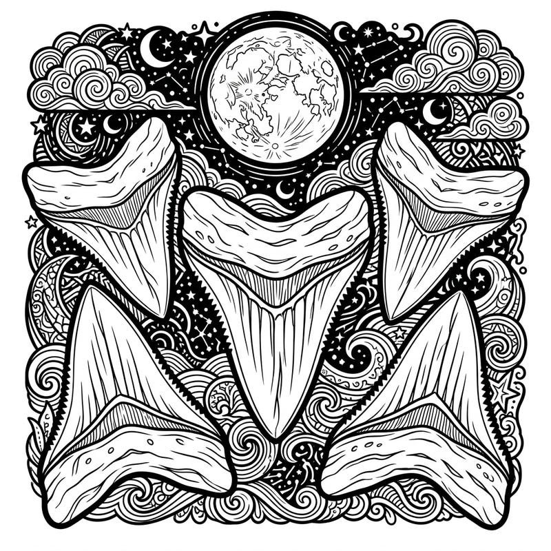 Unleash your creativity with this striking coloring page featuring magnificent Megalodon teeth against a mesmerizing night sky. Discover the ancient power of these colossal predators in a unique nocturnal setting, perfect for an engaging coloring experience.