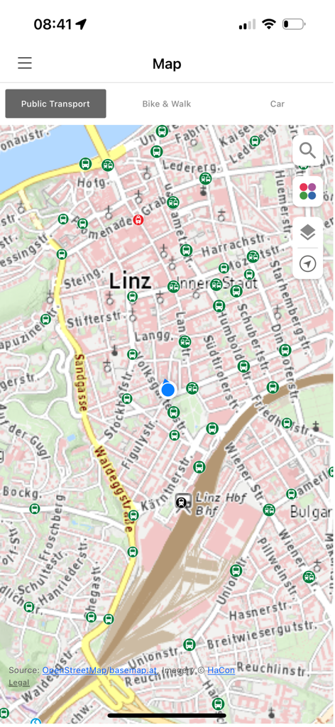 OÖVV Routenplaner - OOVV Routenplaner app map view showing public transport stops in Linz