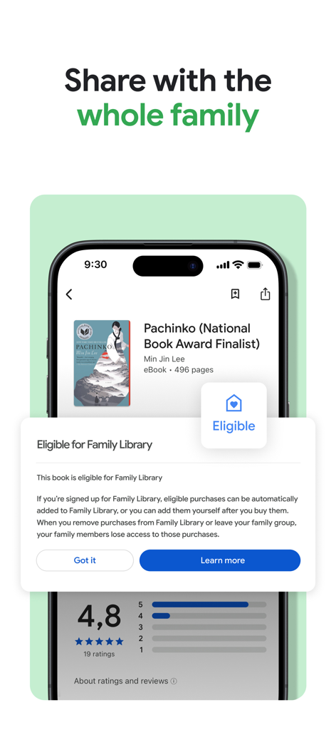 Interface de l'application Google Play Livres montrant la fonction de partage de la bibliothèque familiale pour les livres électroniques