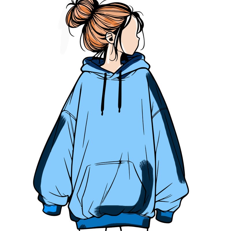 realistic girl with a oversized sweatshirt on and a bun