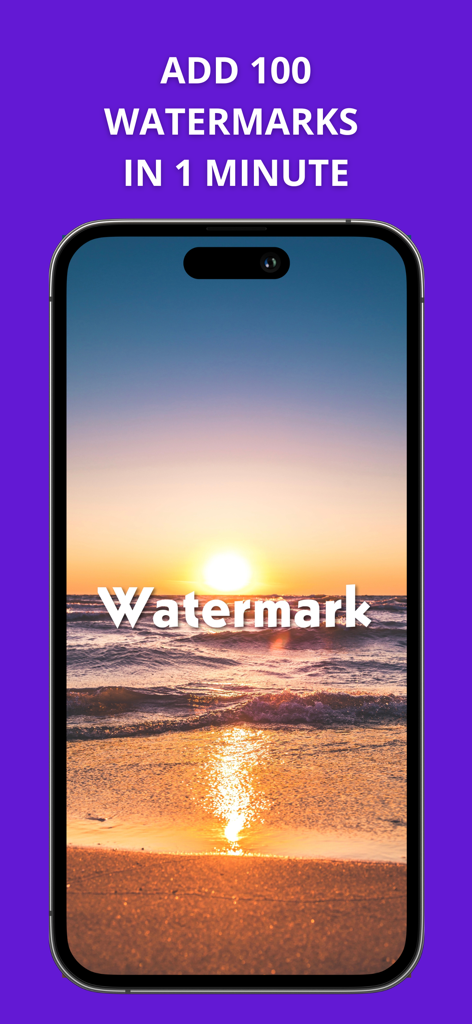 Smartphone screen showing a watermarked sunset photo with text promoting fast batch watermarking