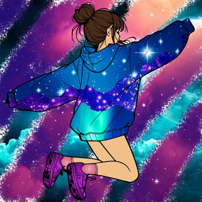realistic girl jumping with a bun and oversized sweatshirt