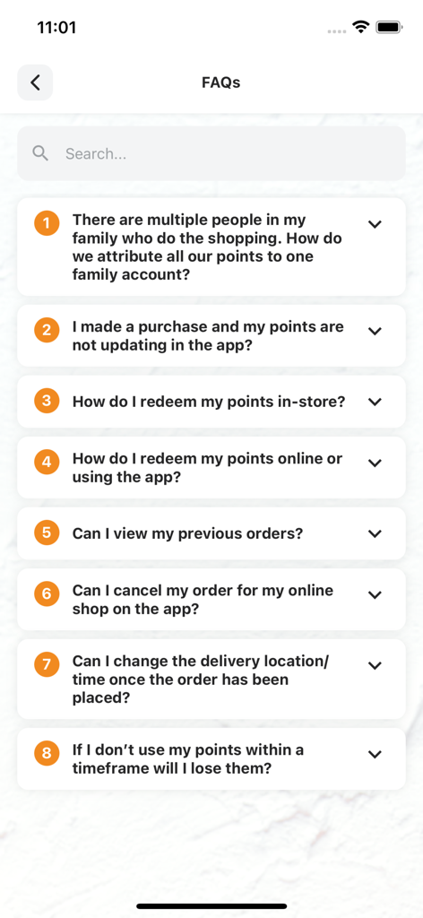 Frequently Asked Questions screen on the Hurleys mobile app covering loyalty points and order management