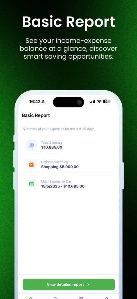 Bildschirm der AIconomy-App, der einen einfachen Ausgabenbericht und eine 30-Tage-Zusammenfassung anzeigt