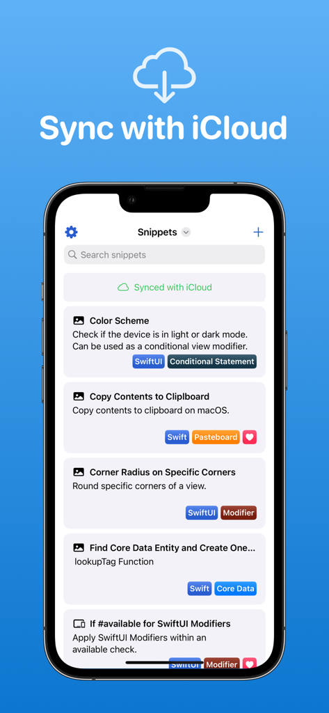 Snippets Studio - Interface do aplicativo Snippets Studio mostrando uma lista de trechos de código organizados com notificação de sincronização do iCloud