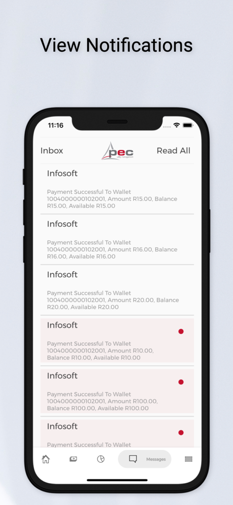 PEC Utility Management app notification inbox showing a list of successful payment alerts on a smartphone.