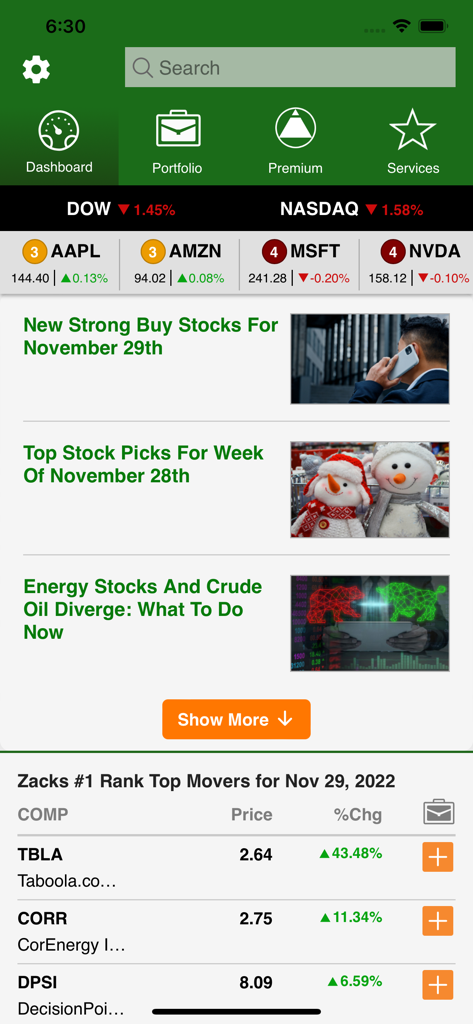Zacks Mobile App - Zacks Mobile App dashboard showing stock market indices news headlines and a list of top ranked stock movers