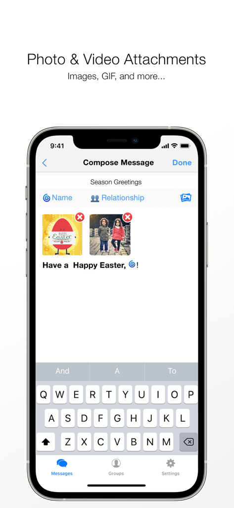 iPhone interface of Reach app showing how to attach photos and videos to personalized mass text messages
