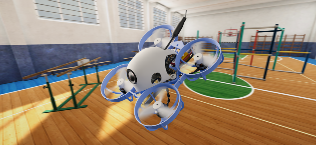 A blue and white micro drone flying in an indoor gymnasium within the FeelFPV simulator.
