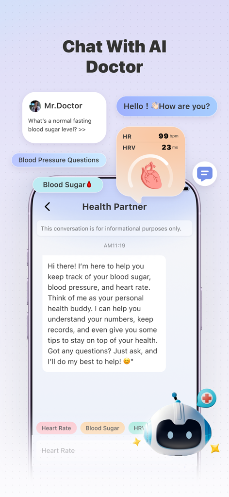 Health Partner: Pulse & Sugar - Interfaccia dell'app Health Partner che mostra una conversazione di chat con un medico AI per approfondimenti sulla salute e monitoraggio dei parametri vitali