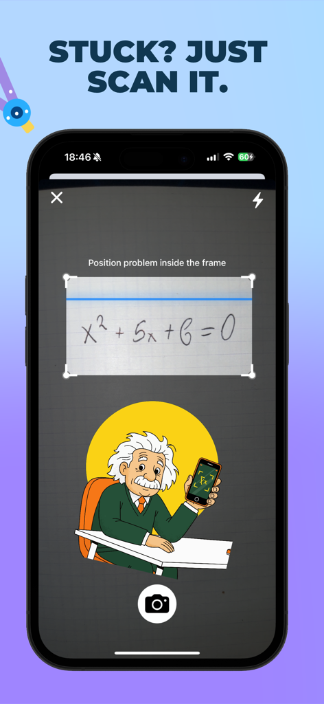 Smartphone screen using the Mathly app to scan a handwritten algebra equation for an instant solution
