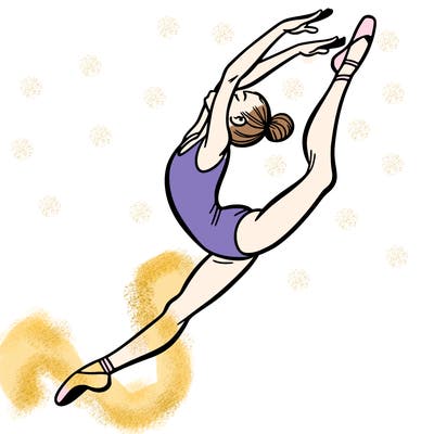 gymnast doing a leap in a leotard with a bent back leg