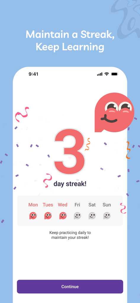 Aralects app screen showing a three day learning streak and weekly progress calendar