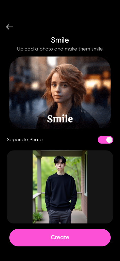 HVid : Ai Cloth Changer - Captura de tela do recurso de sorriso de IA no aplicativo HVid mostrando uma tela de upload de foto e o botão criar