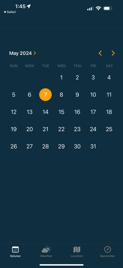 Fishing Solunar Calendar - Une interface de calendrier mensuel dans l'application Calendrier Solunaire de Pêche pour mai 2024.