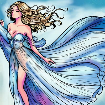 realistic woman in dress flowing the the wind