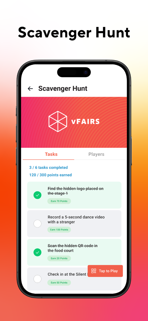 vFairs app screen displaying a gamified scavenger hunt task list with points and completion progress
