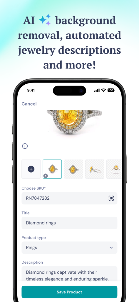 GemHub - Interfaccia dell'app GemHub che mostra descrizioni automatiche di gioielli e funzionalità di rimozione dello sfondo per un anello con diamante