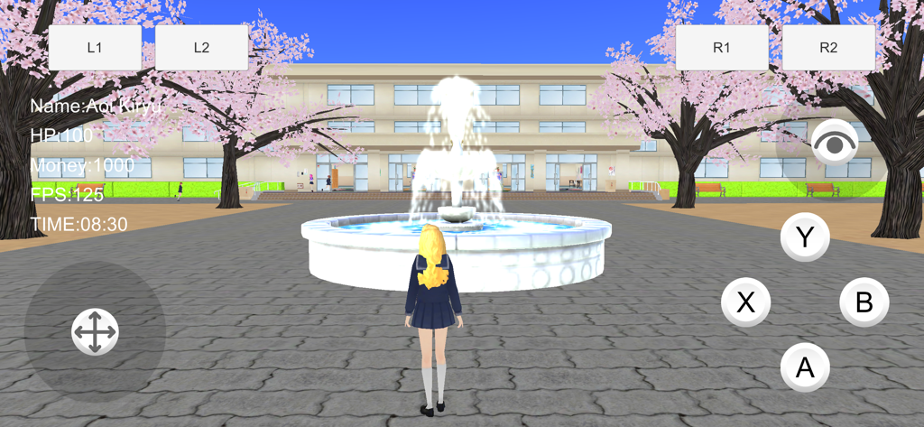 Women's School Simulator Next - An anime character standing in front of a fountain and school building with cherry blossoms in Women's School Simulator Next