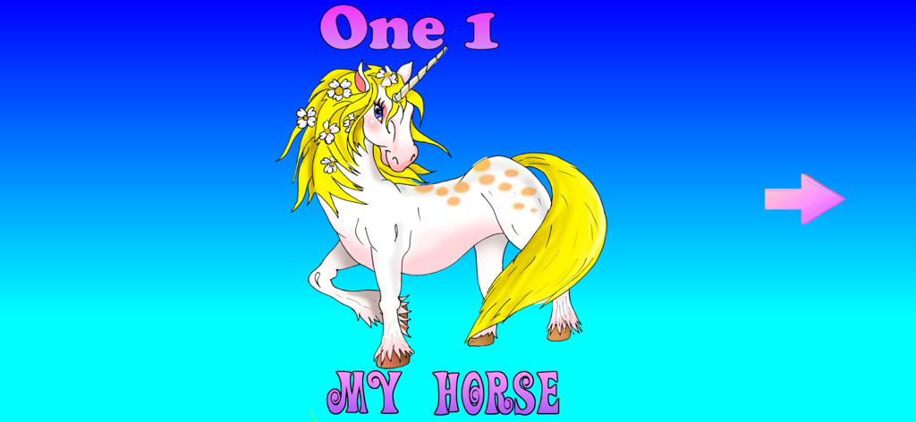 Unicorn Games - Pantalla de aplicación educativa con un unicornio blanco con cabello amarillo y el número uno para el aprendizaje preescolar