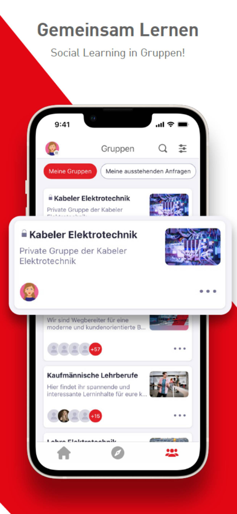 wise up - Interface do aplicativo Wise Up mostrando grupos de aprendizado social para treinamento profissional