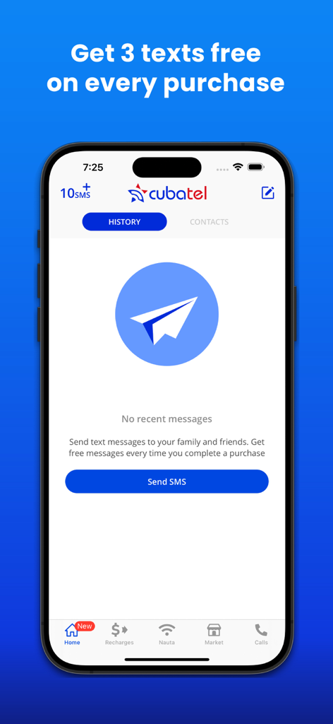 Cubatel mobile app interface showing the free SMS feature and text message history screen.