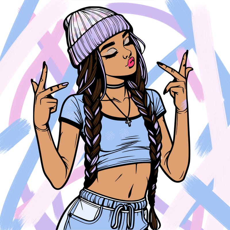 realistic teenage girl with braids and a beanie and crop top doing 🫶🏼