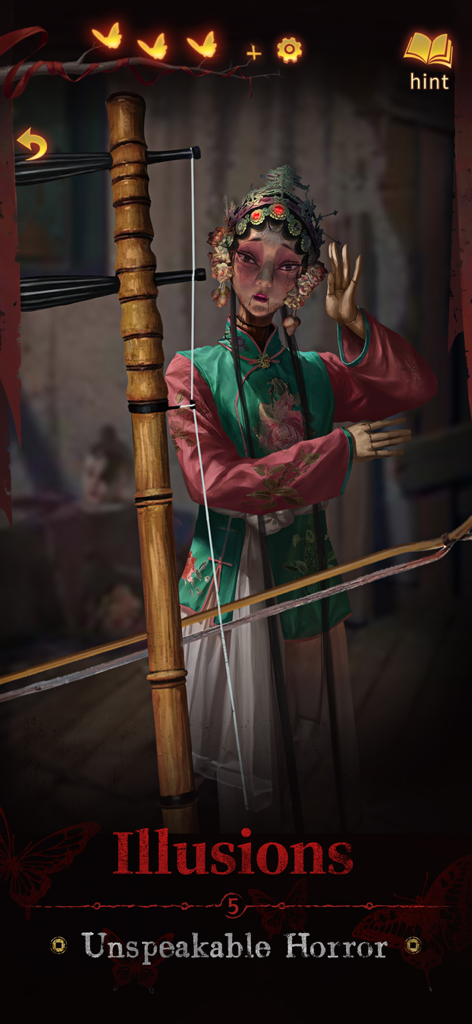 Paper Bride 5 Two Lifetimes - Atmospheric horror scene with a puppet character in Chinese opera costume and an erhu instrument