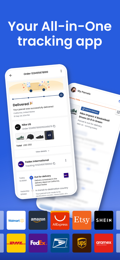 Parcel Monitor Track - Parcel Monitor app screens showing package delivery status for Nike shoes with retailer and carrier logos