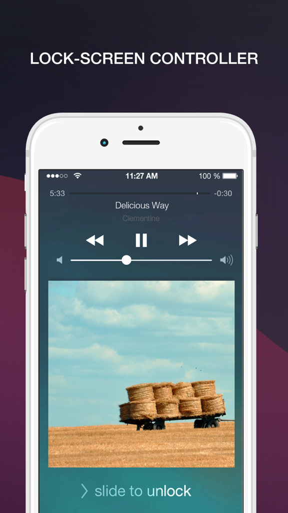 Interface da tela de bloqueio do aplicativo MP3 player mostrando os controles de reprodução de música
