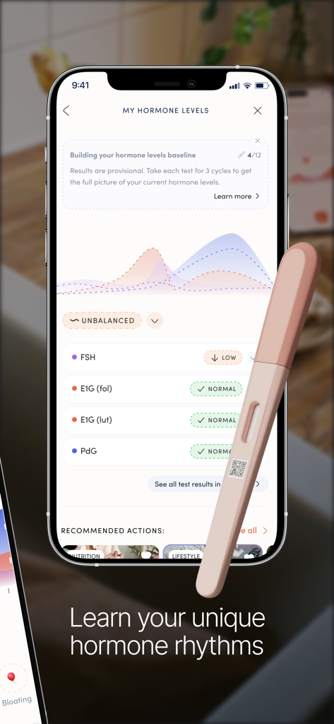 Hormona: Period & Hormones - Hormona app dashboard showing hormone level graphs and test results for FSH and PdG