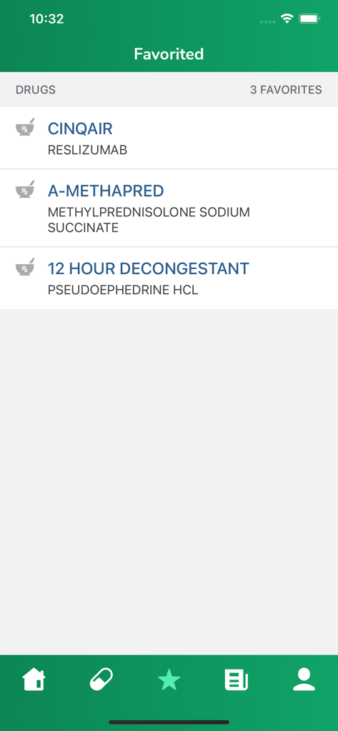 COSA: Medication Information - The favorites screen of the COSA Medication Information app showing a list of saved drugs for quick medical reference