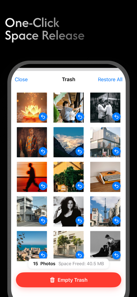 Lapu Fan app interface for deleting similar photos and releasing storage space