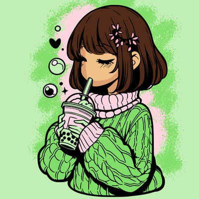 manga girl drinking boba in cozy sweater