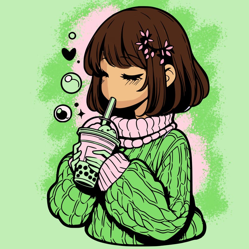 manga girl drinking boba in cozy sweater