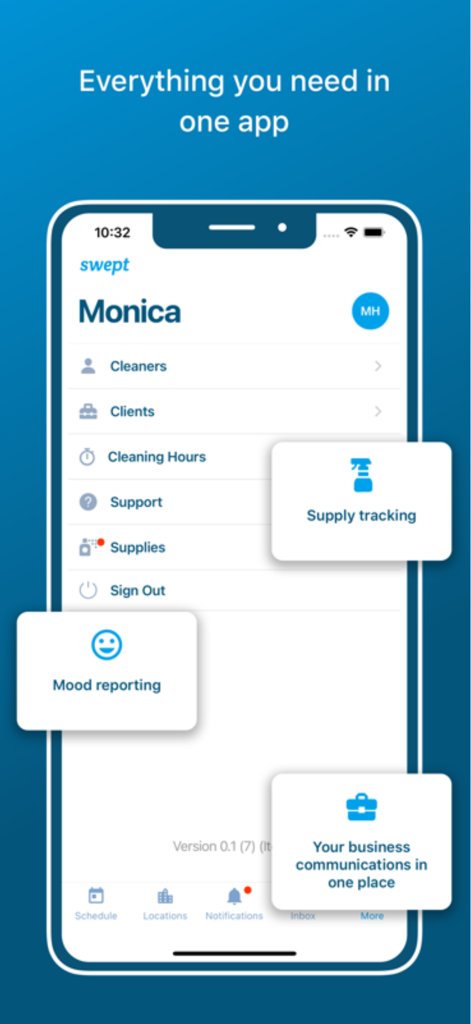 Swept Mobile - Swept Mobile app interface showing cleaning business management features including supply tracking and communication tools