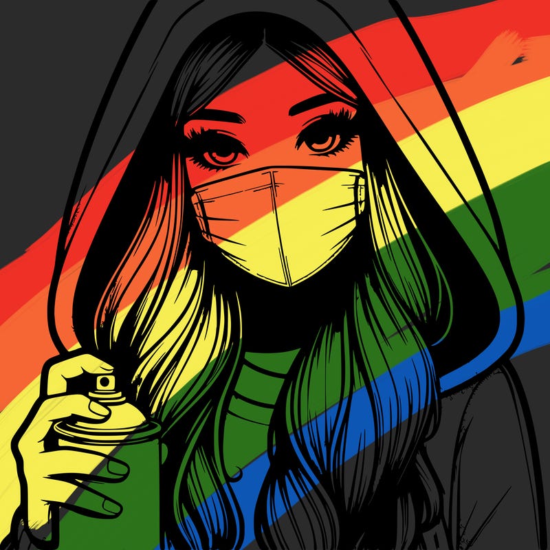 girl wearing a mask with long hair with her hood up spray-painting realistic