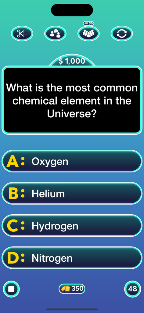 General Knowledge : Quiz Game - Science trivia question with four options and lifelines in a quiz game app